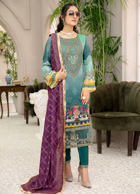 Buy Green Linen Pakistani Suit With Linen Trouser & Shawl