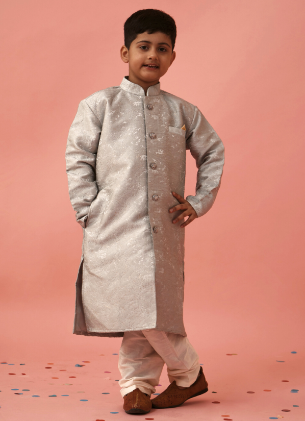 Buy Boy's Light Blue Poly Jacquard Shervani Pajama Set
