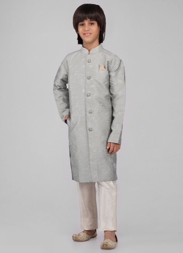 Buy Boy's Light Blue Poly Jacquard Shervani Pajama Set