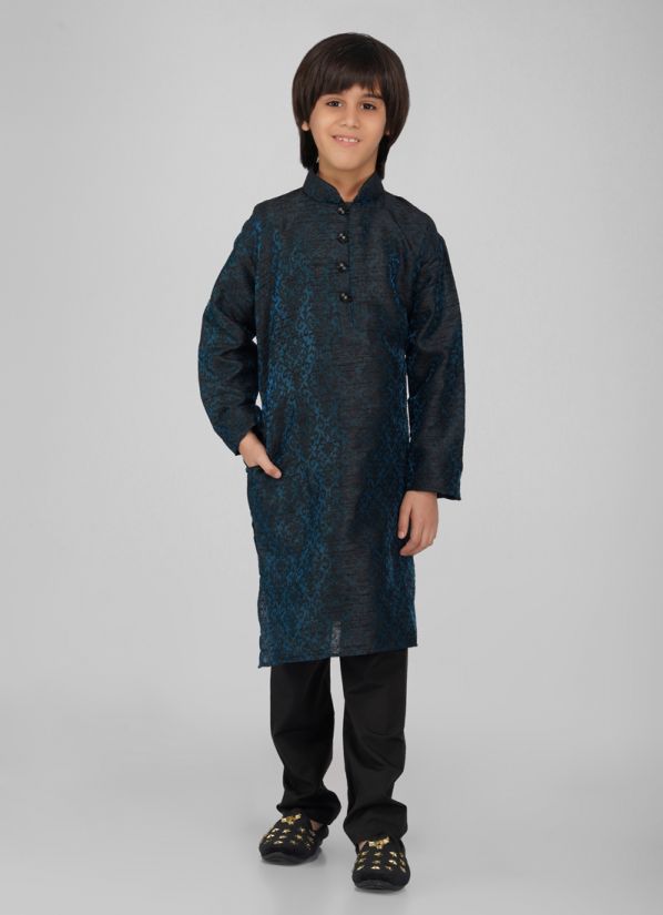 Buy Boy's Blue Poly Jacquard Kurta Pajama Set