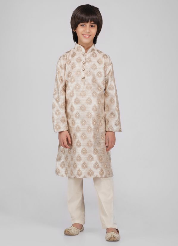 Boy's Beige Jacquard Woven Kurta Pajama Set