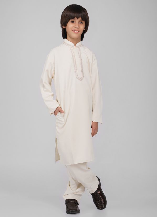 Buy Boy's Cream Polyester Resham Thread Embroidered Kurta Salwar Set