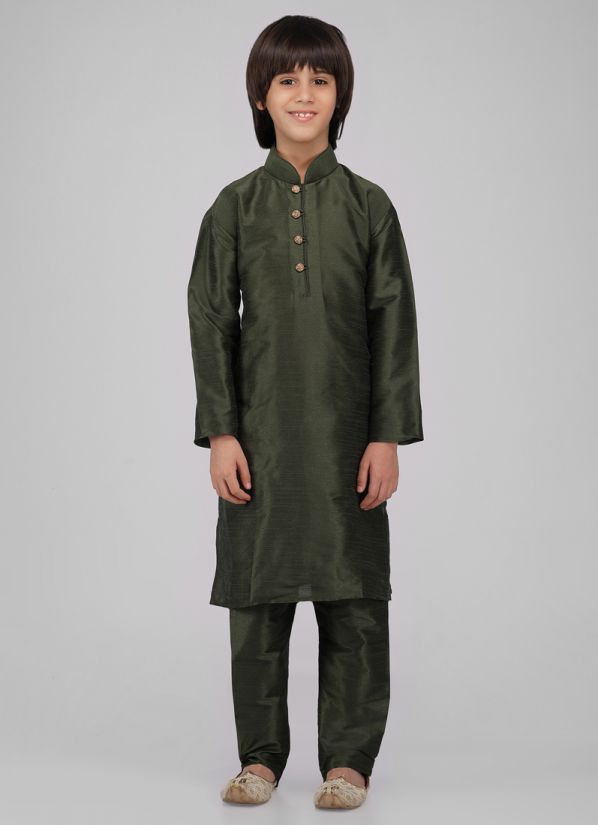 Buy Boy's Green Raw Silk Kurta Pajama Set