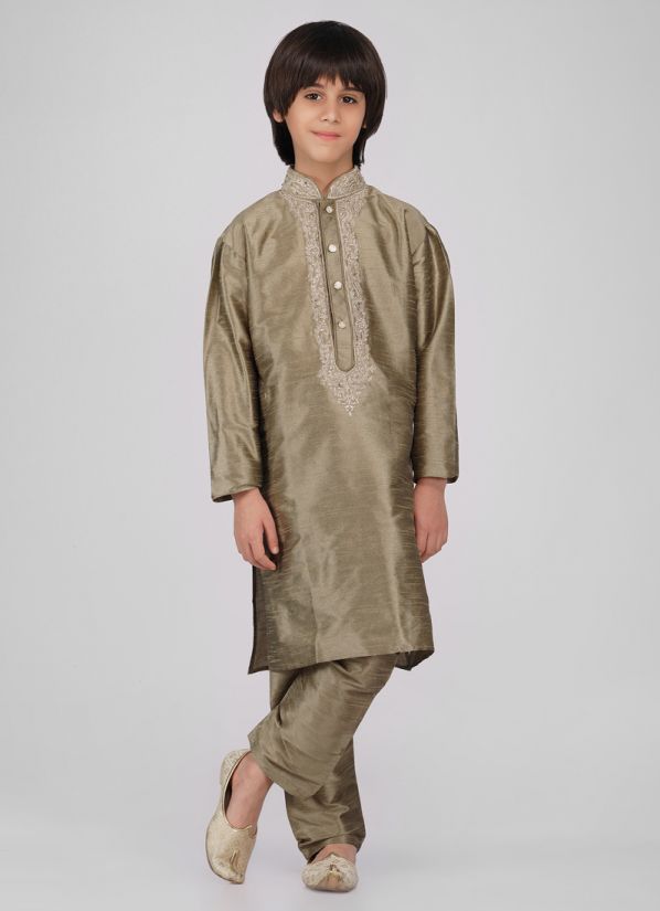 Buy Boy's Gold Zari Embroidered Raw Silk Kurta Pajama Set