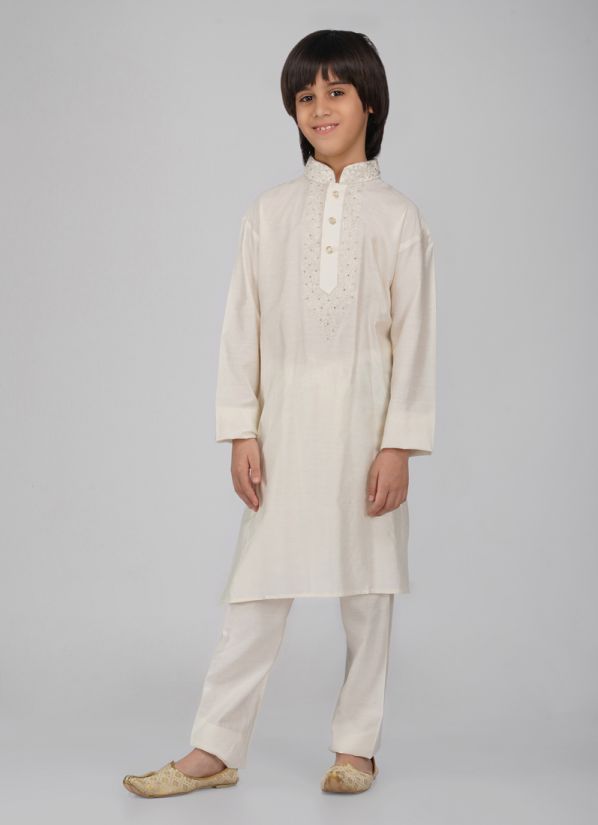Buy Boy's White Poly Viscose Whit Embroidered Kurta Pajama Set