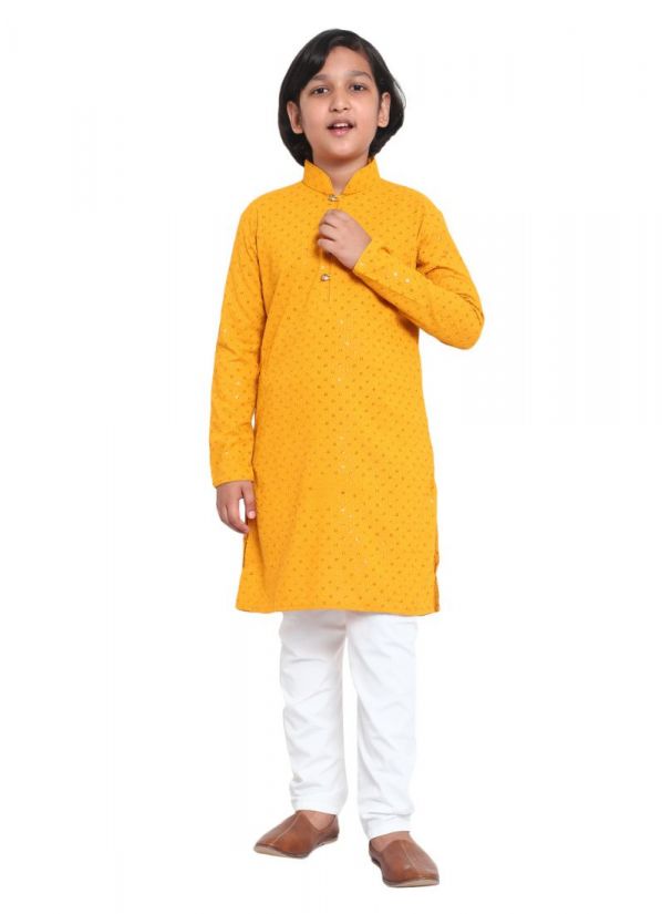 Kid's Mustard Chikankari Kurta Pajama Set