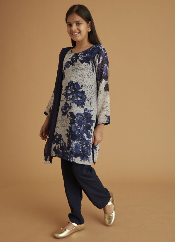 Kids Grey & Navy Printed Suit Set