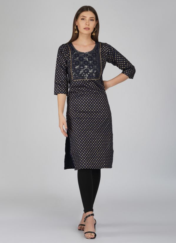 Buy Navy Blue Rayon Straight Cut Embroidered Kurti