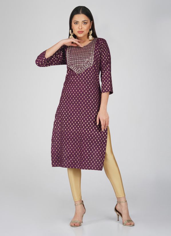 Buy Wine Cotton Gold Embroidered Kurti