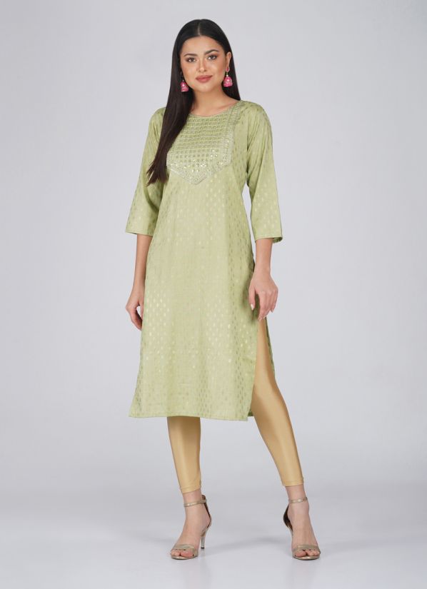 Buy Green Cotton Gold Embroidered Kurti