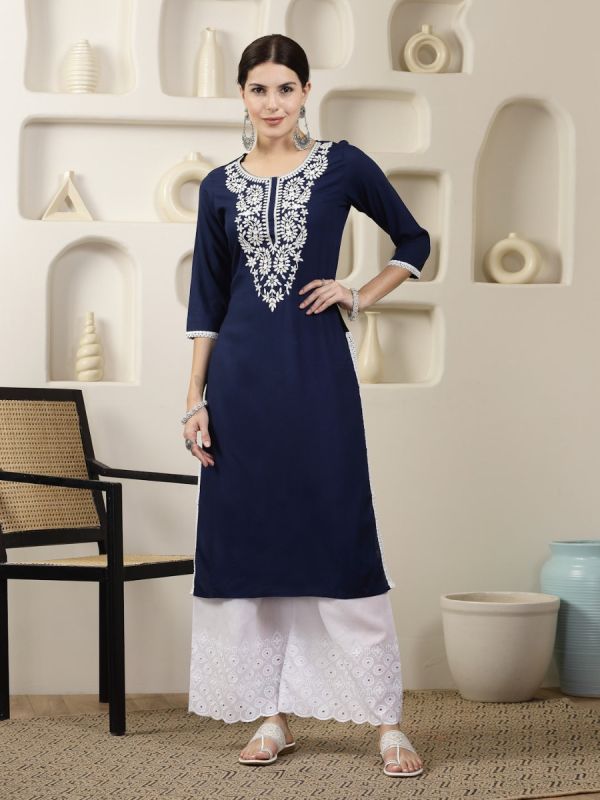 Buy Navy Blue Chikankari Embroidered Kurta