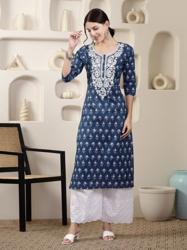 Blue Cotton Chikankari Embroidered Kurta