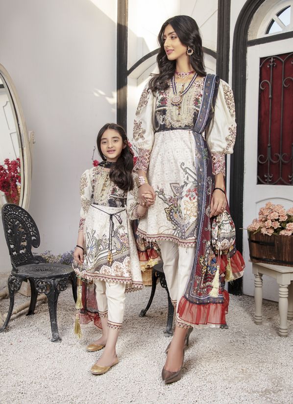Kid's Ivory Lawn Embroidered A-line Suit Set