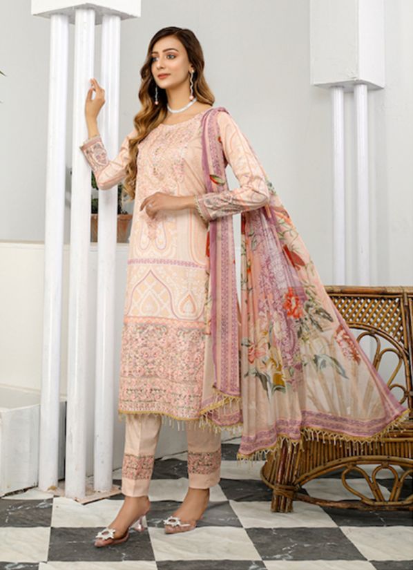Buy Pink Peach Straight Cut Embroidered Ladies Suit
