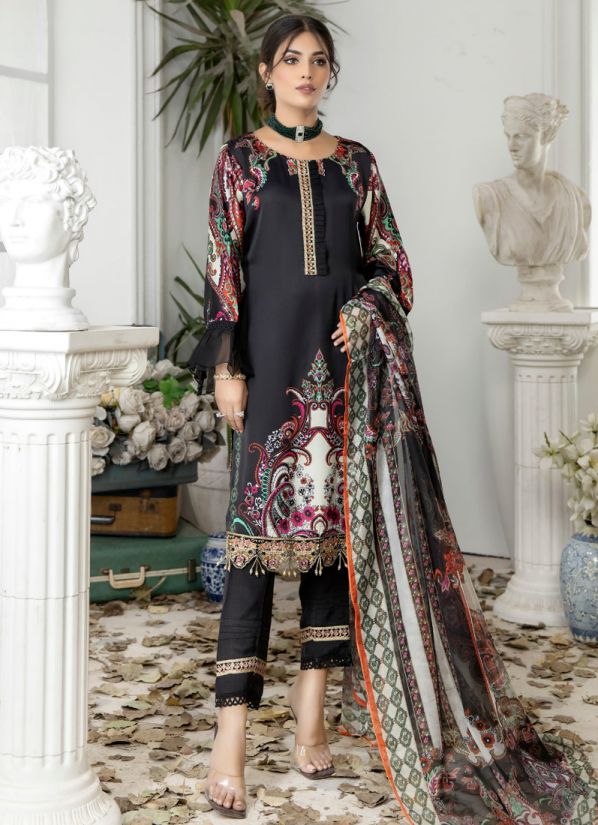 Black Shamooz Silk Straight Cut Pakistani Suit With Trouser & Dupatta