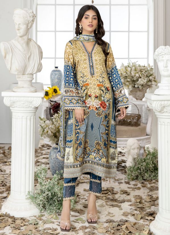 Yellow-Blue Shamooz Silk A-Line Pakitani Suit With Trouser & Dupatta