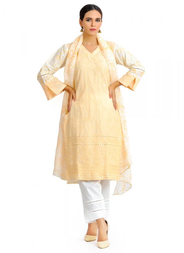 Nude Chicken Pakistani Lawn Suits With Trouser & Dupatta