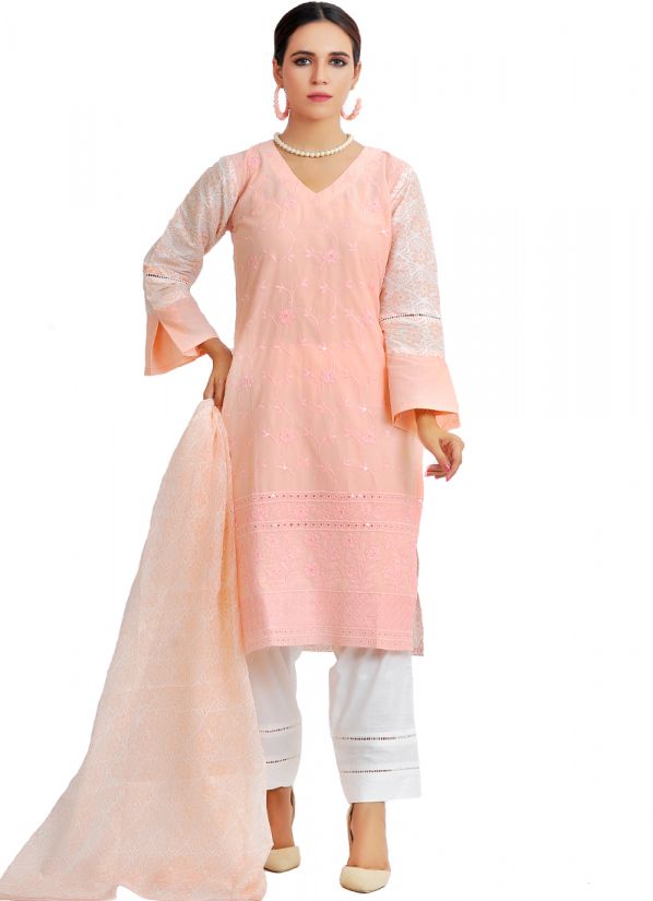 Peach Chicken Pakistani Lawn Suits With Trouser & Dupatta