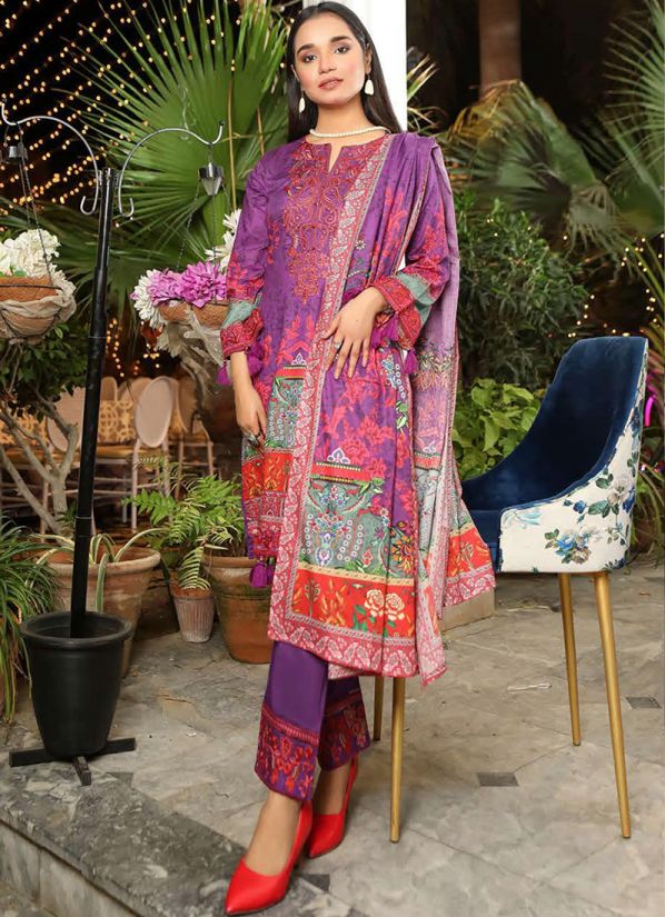 Buy Purple Shift Style Printed Suit Wiith Trouser & Dupatta
