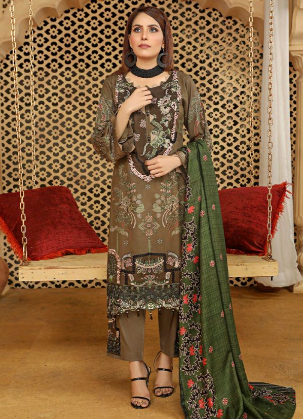 Khaki Dhanak Suit with Pashmina Shawl