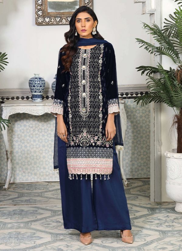 Navy Blue Velvet Embroidered Straight Cut Palazzo Suit Set