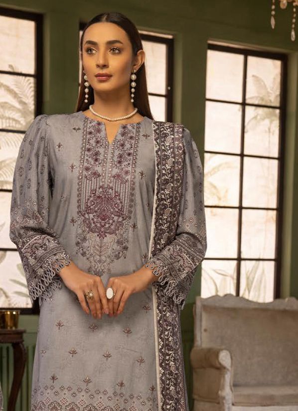 Grey All Over Embroidery Straight Cut Suit Set