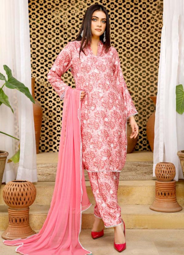 Pink  Linen  Printed Salwar Suit Set