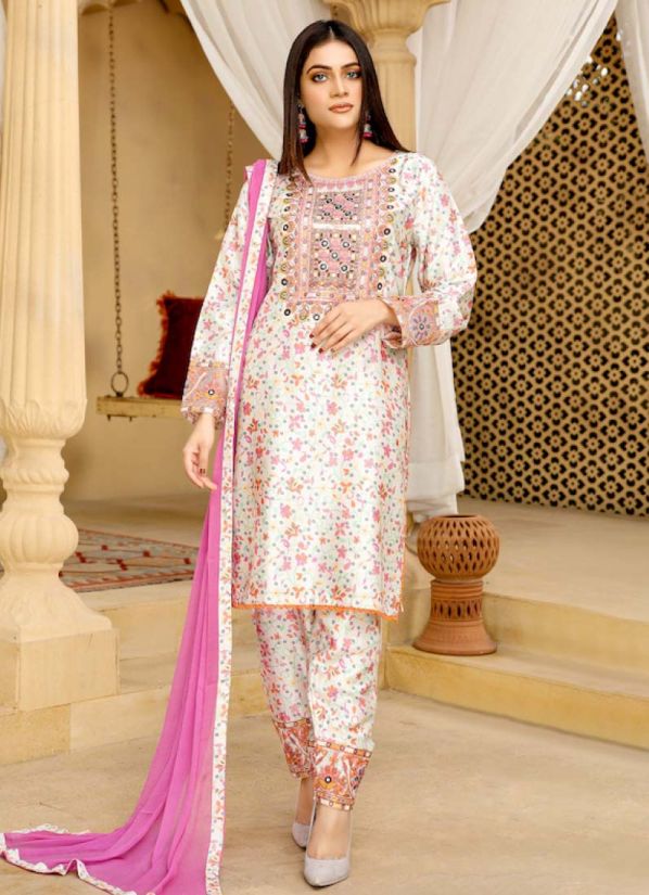 Off-White Linen Print embroidered Salwar Suit Set