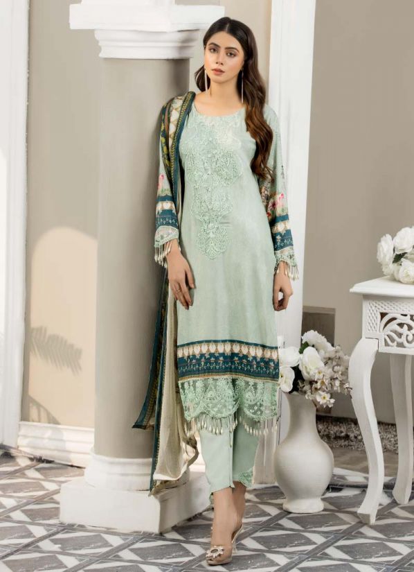 Mint Green Linen Embroidery Straight Cut Suit Set