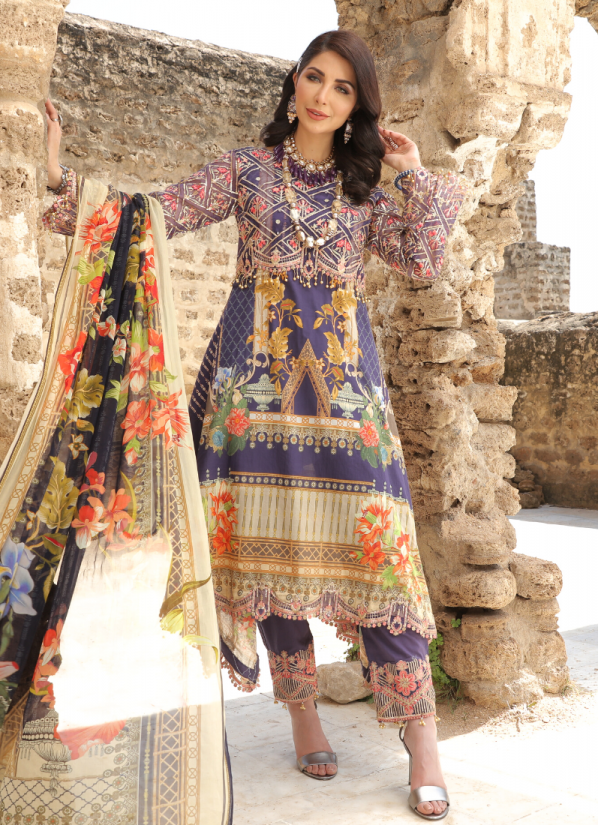 Purple Assymetric A-Line Printed Lawn Suit Set