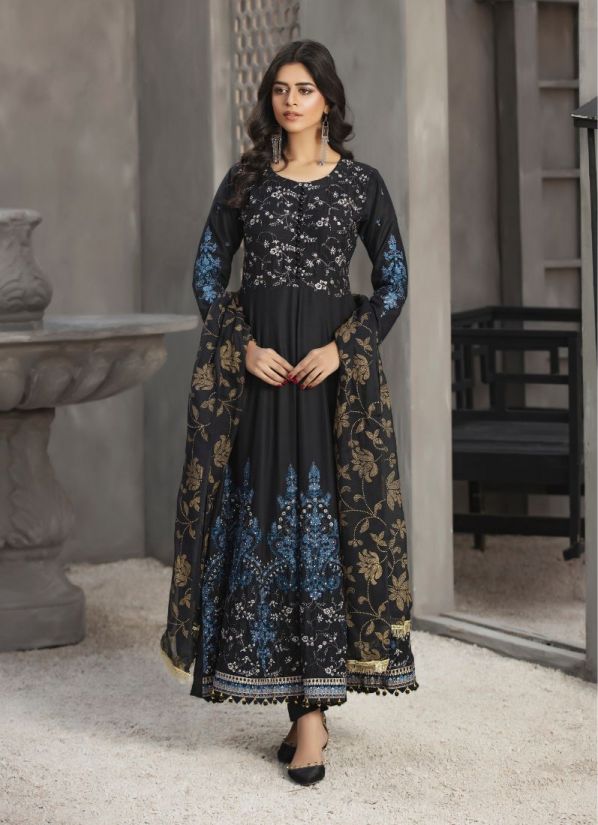Black Cotton Embroidered Anarkali Suit set