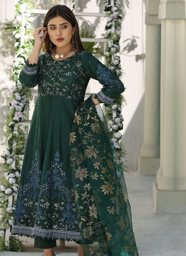 Dark Green Cotton Embroidered Anarkali Suit set