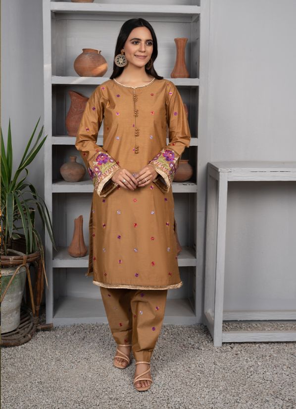 Brown Viscose Embroidered Co-ord Set