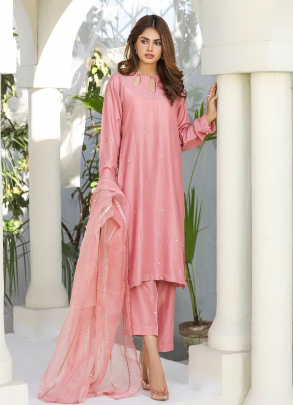 Pink Viscose Embroidered Suit Set