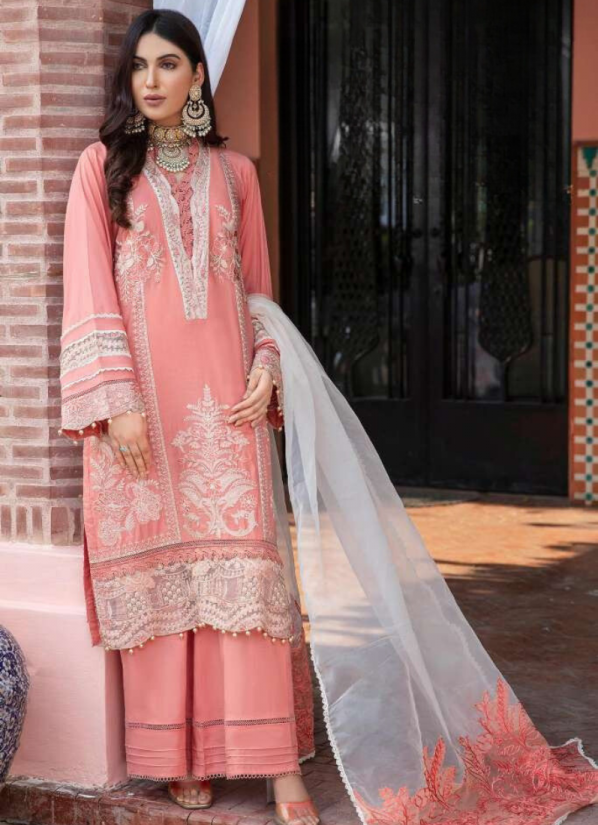Peach Lawn Embroidered Straight Cut Suit Set