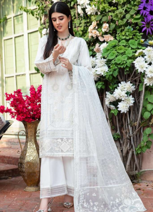 Off-White Lawn Embroidered Straight Cut Suit Set