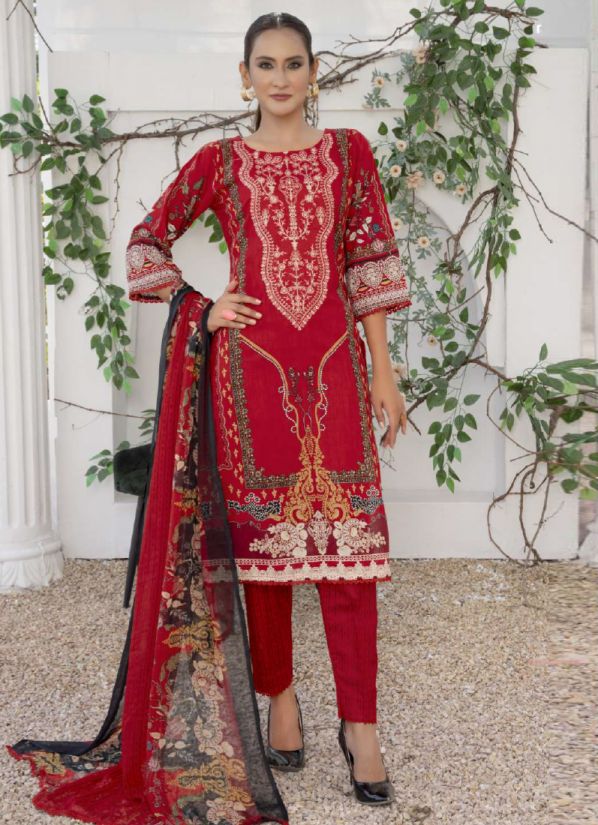 Red Lawn Embroidered Suit Set