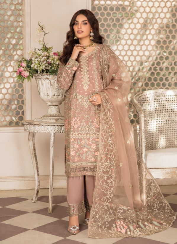 Buy Beige Straight Cut Hand Work Embroidered Suit Set