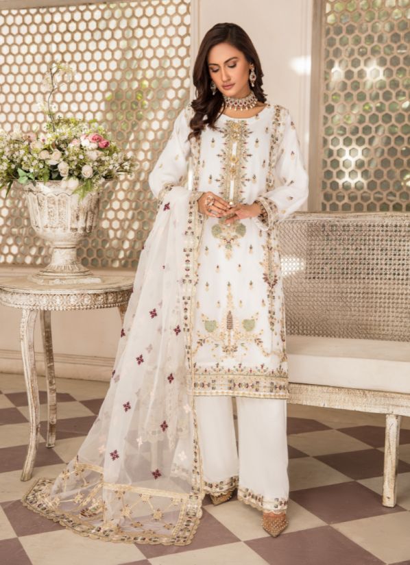 White Organza Hand Work Embroidered Suit Set