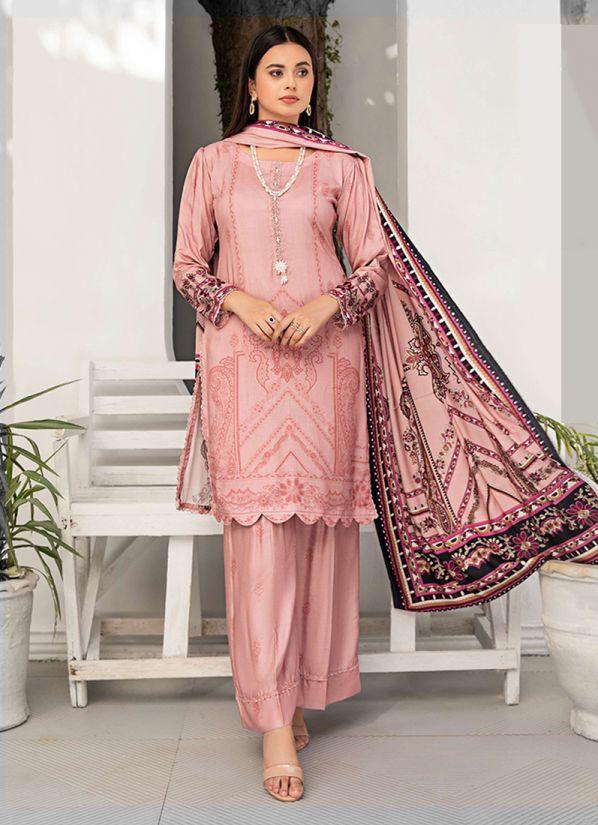 Pink Digital Linen Shawl Suit