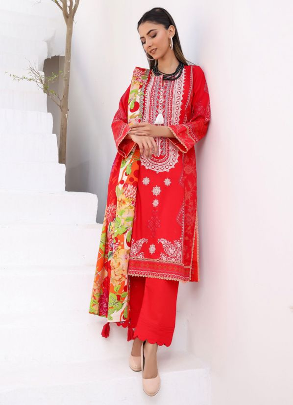 Bright Red Printed Lawn Suit