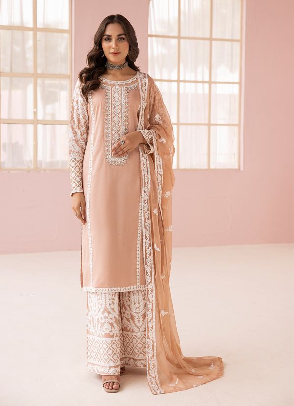 Peach Linen Hand Embroidered Suit Set
