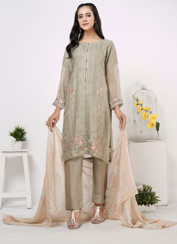Green Zari Embroidered Straight Cut Suit Set
