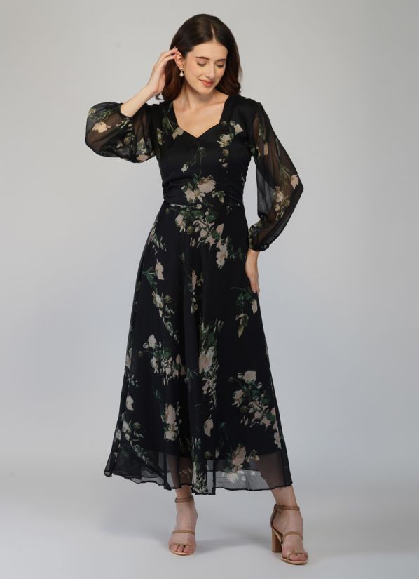 Buy Black Georgette Floral Printed Indian Dress