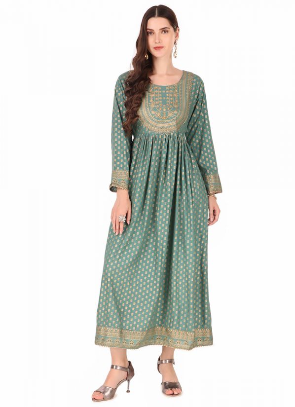 Buy Green Rayon Pleated A-Line Indian Dress
