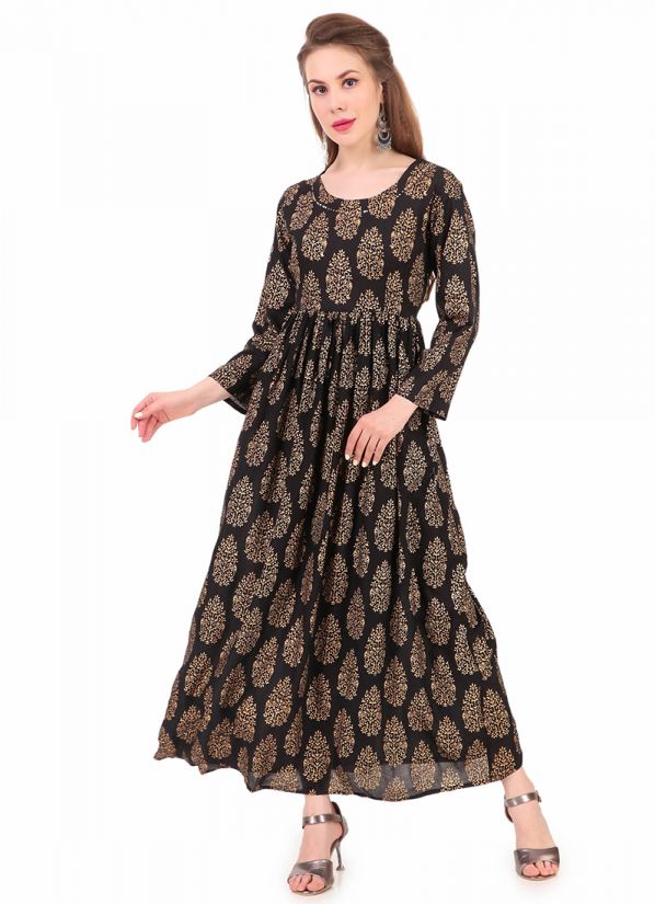 Buy Black Rayon gathered A-Line Indian Dress