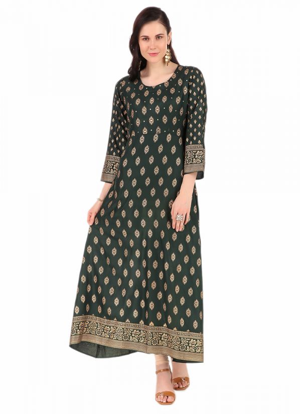 Buy Green Rayon A-Line Indian Dress