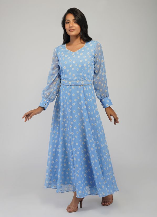Buy Light Blue Georgette Dobby Indian Dress With Belt