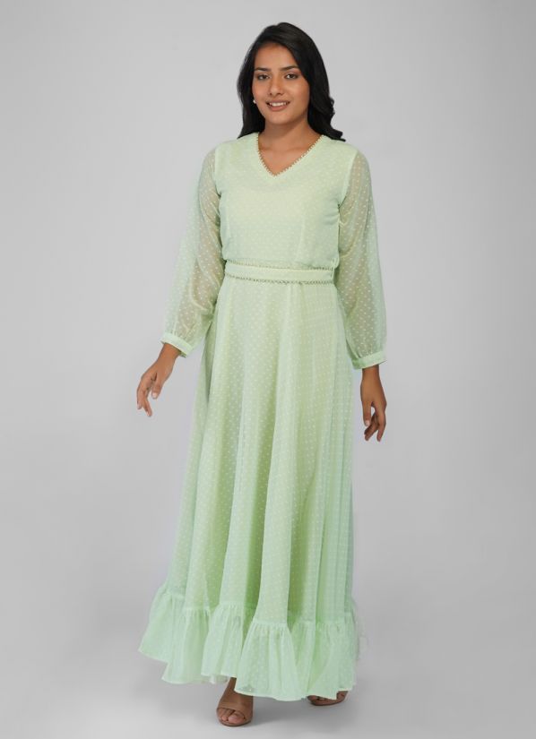 Buy Green Georgette Dobby Indian Dress With Belt