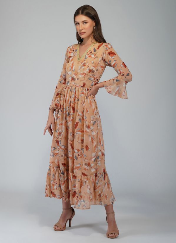 Buy Peach Georgette Printed Indian Dress